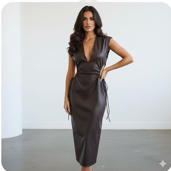Dresses & Skirts - INLAND Chocolate Brown Faux Leather Cut-Out Midi Dress - Size Small